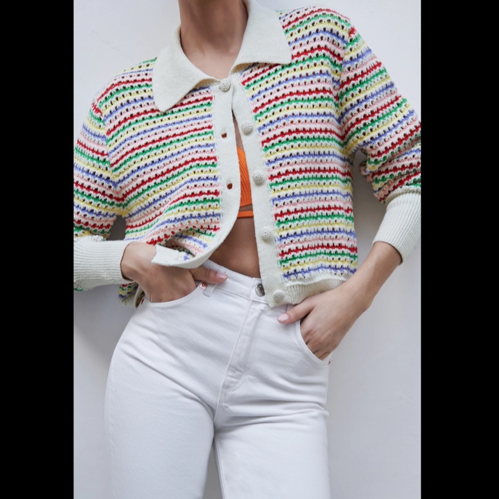 Zara Striped Multicolored Cardigan Knit Jacket - Picture 7 of 8